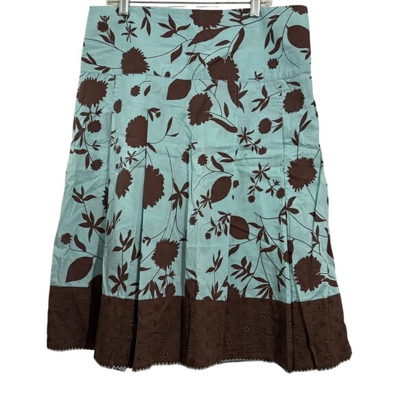 Merona Dresses & Skirts - Turquoise & Brown Floral Merona Cotton Skirt With Eyelet Hem Design Womens Size
